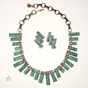 GREEN ENAMEL COPPER PLATED NECKLACE & EARRINGS - VINTAGE SET